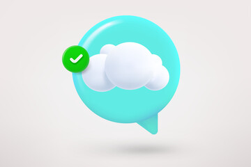 Speech cloud with cloud and green checkmark. 3d vector icon