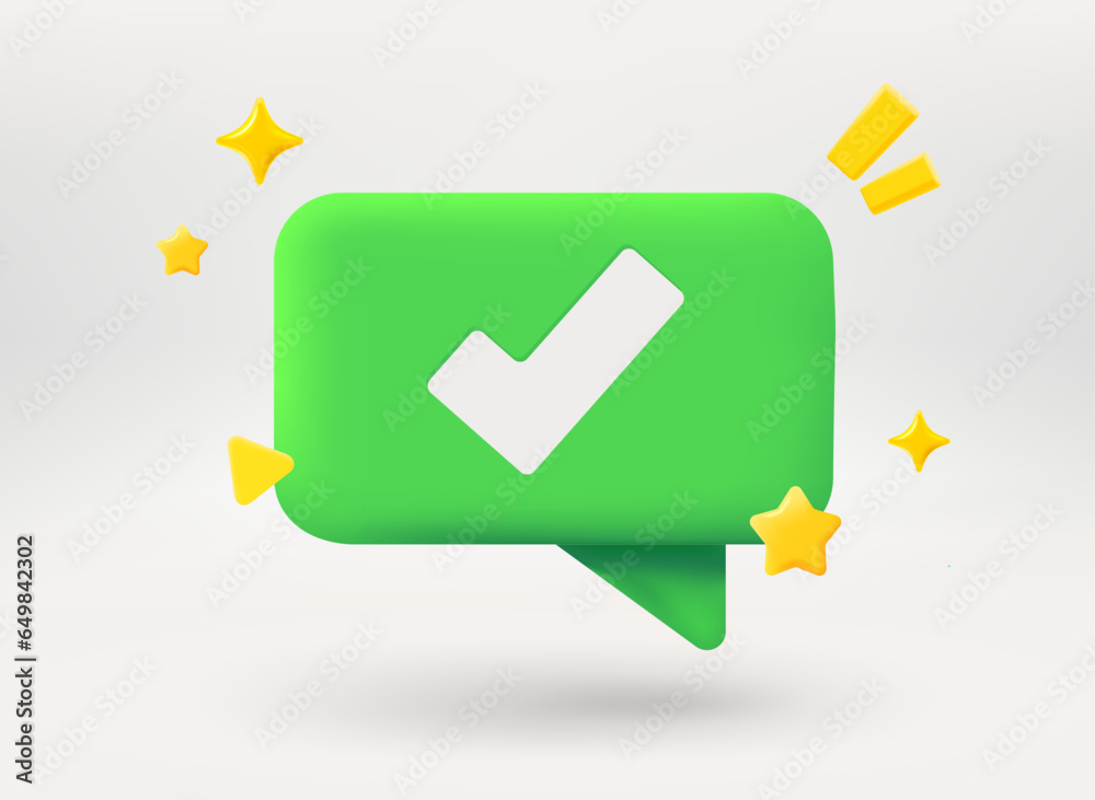 Poster green speech bubble with check mark. 3d vector illustration