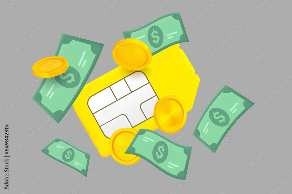 Aufkleber mobile phone sim card with money. 3d vector elements isolated on grey background
