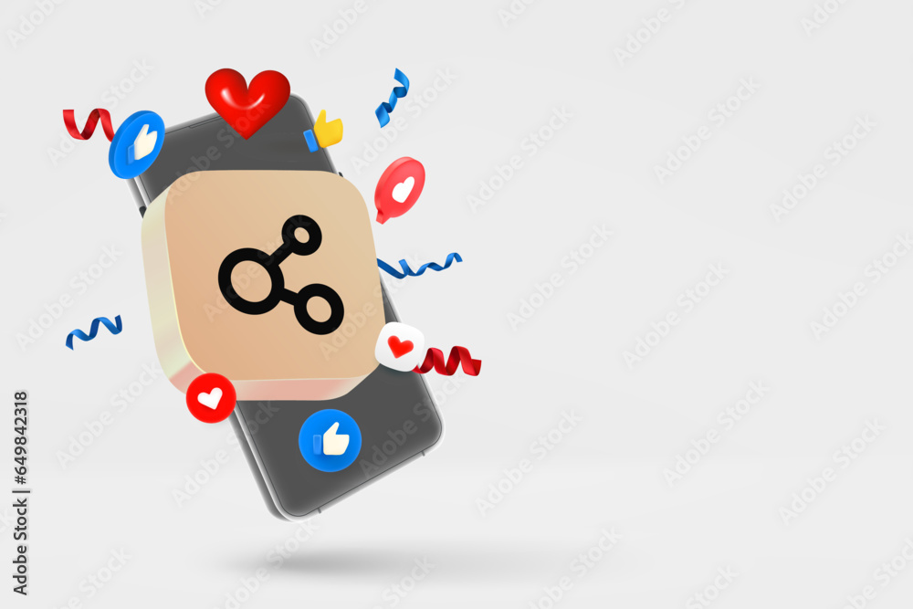 Poster Modern smartphone with social media mobile icons and share button. 3d vector banner with copy space