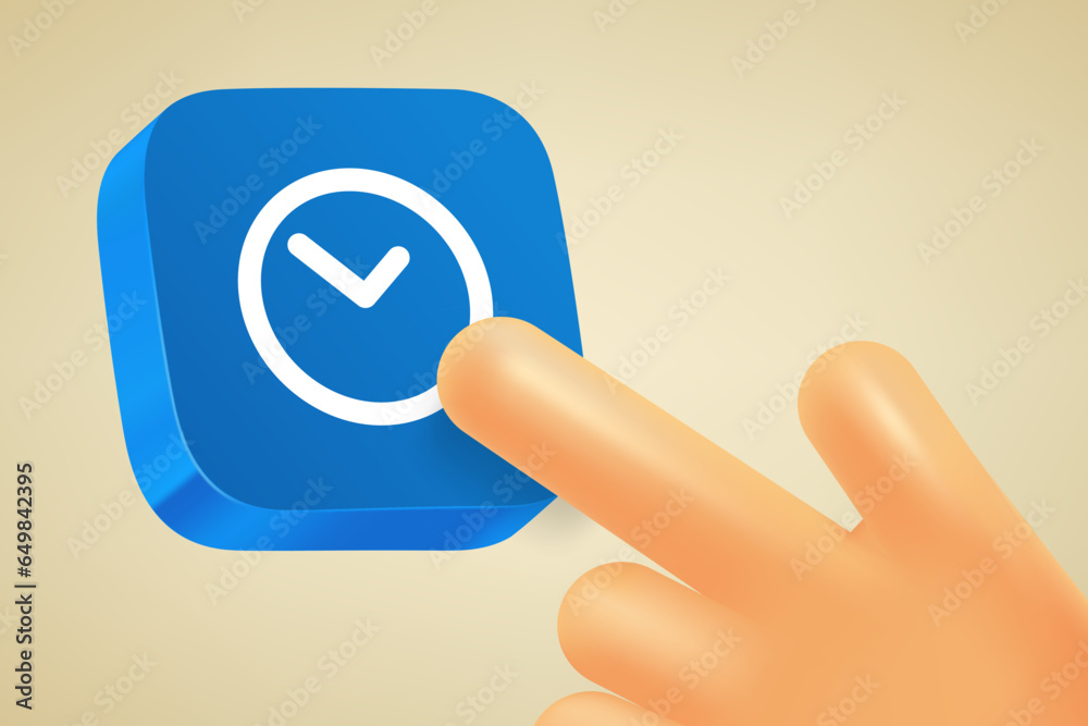 Poster Hand pressing button with clock sign. 3d vector illustration