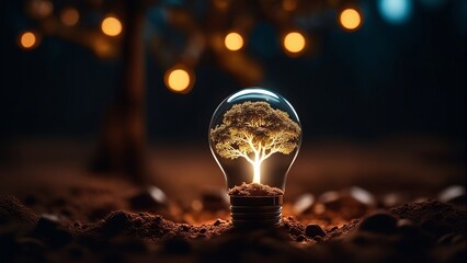 lightbulb tree with sunlight on soil. concept save world and energy power - obrazy, fototapety, plakaty