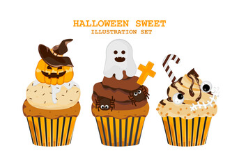 Halloween Cupcakes Scary decorated muffins, small cakes for October 31, and a scary dessert cartoon isolated on a white background. Editable space. For DIY cards. Vector illustration.