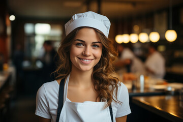 Professional female chef or waitress in apron and toque standing in restaurant - obrazy, fototapety, plakaty