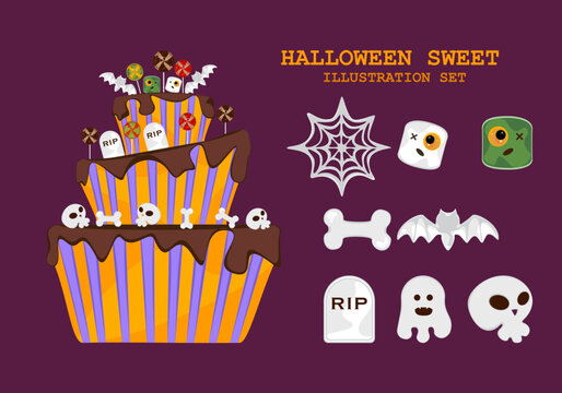 Halloween cake set Fancy Halloween elements Spooky desserts: ghosts, pumpkins, graveyards, bones, skulls, bats, and spiders are decorated on the cake tower. Vector illustration.