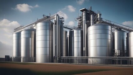 Obraz premium Modern Granary elevator. Silver silos on agro-processing and manufacturing plant for processing drying