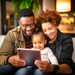 Interracial family of father and mother with their baby enjoying a digital tablet