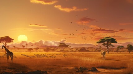 Naklejka premium wild african savannah expansive illustration sky wildlife, background people, summer road wild african savannah expansive