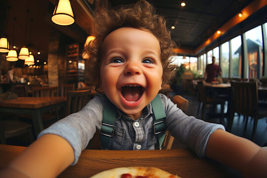 Selfie Of Smiling Cheerful Happy Portrait Of Toddler Kid Boy While Eating Pizza For Dinner Or Lunch In Friendly Family Cafe. Little Child Spend Time Leisure In Indoor Restaurant Bar