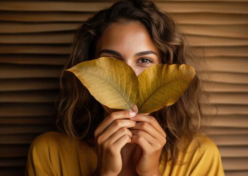 Close up photograph of a beautiful girl with two yellow leaves in fromt of her face