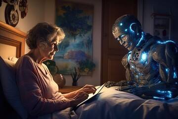 Fototapeta premium Elderly Companionship: A Senior Woman Reading with Her Care Robot