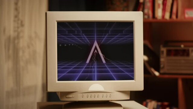 Retro pc with vintage screen saver, for chroma key green screen, Old computer studio close-up, Desktop vintage retro wave display, late 90s PC mock up for 3d motion design