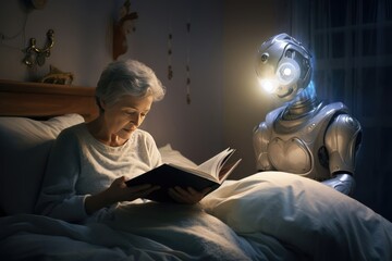 Elderly Companionship: A Senior Woman Reading with Her Care Robot