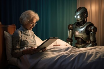 Elderly Companionship: A Senior Woman Reading with Her Care Robot