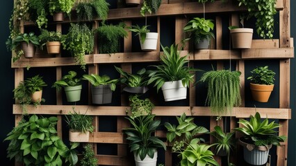 Recycled pallets with hanging plants creating a vertical garden - obrazy, fototapety, plakaty