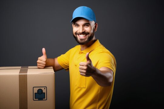 Delivery man with cardboard box giving thumbs up, delivery and logistics concept. Generative AI