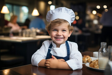 Cute little chef in apron and toque in restaurant looking at the camera