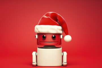 Fun little robot with Santa Claus hat, red background. Generative AI - obrazy, fototapety, plakaty