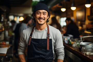 Portrait of chef in apron and toque standing in commercial kitchen. male profession concept