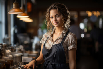 Smiling young waitress small business owner barista bartender in apron at the bar restaurant counter