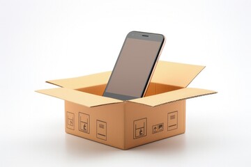 Cardboard box with cell phone inside, white background. Generative AI