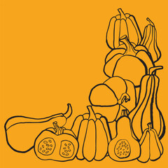 Hand drawn pumpkin silhouette on orange  background. Vector EPS 10 vector 