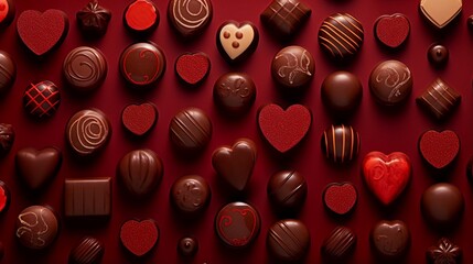 Assortment of fine chocolate candies, white, dark, and milk chocolate Sweets on red background....