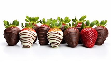 Assorted chocolate dipped strawberries array on white background, homemade sweets great for Valentine's and Christmas gift, copy space. - obrazy, fototapety, plakaty