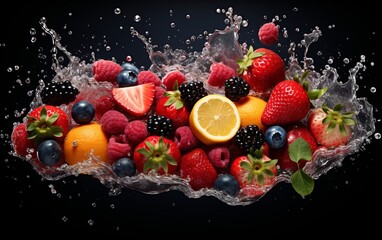 A spectacular explosion of various berries and fruits on a monochrome background. Water splash and freshness of berries and fruits