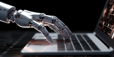 AI robot hand chat bot pressing computer keyboard, concept of AI generative work, futuristic lifestyle, with copy space.