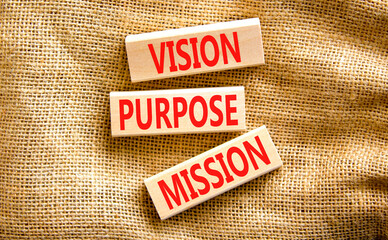 Vision purpose mission symbol. Concept word Vision Purpose Mission on beautiful block. Beautiful canvas table canvas background. Business motivational vision purpose mission concept. Copy space.