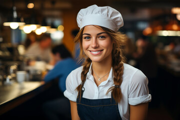 Professional female chef or waitress in apron and toque standing in restaurant