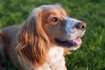 Cocker Spaniel Pet, Handsome Red and White Working Dog Breed, Head Shot