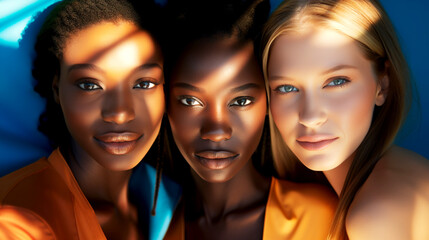  Ethical Non Monogamy. Close-up of each person's face in the group, emphasizing their uniqueness and ethnic diversity. Highlighted facial details to express emotions. Banner.
