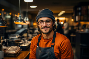 Portrait of chef in apron and toque standing in commercial kitchen. male profession concept