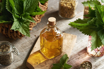 A bottle of alcohol tincture with stinging nettle leaves