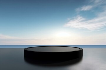 Empty black podium with water surface and blue sky, minimalist and modern stage display and background for showcasing. 3D render. Generative AI
