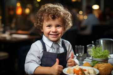Cute little chef in apron gesturing thumbs up in restaurant