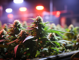 The growth of a commercial weed bud on the plant is illuminated by warehouse lights.