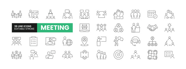 Set of 36 Meeting line icons set. Meeting outline icons with editable stroke collection. Includes Meeting, Business Meeting, Seminar, Team, Collaboration, and More.