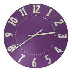 A modern wall clock with silver numbers on purple isolated on a white background