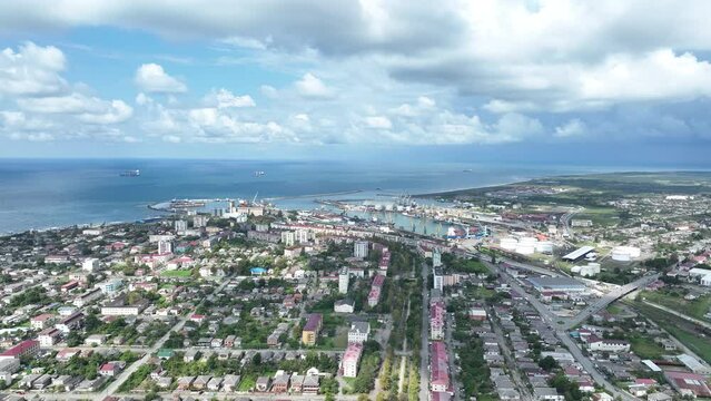 Aerial view of Georgian port city of Poti located at entrance of Rioni river into Black Sea on sunny autumn day, Samegrelo-Zemo Svaneti region.