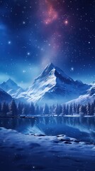 Icy blue landscape with lake and mountains. Aurora boeralis, northern light on the sky. Winter scene. 
