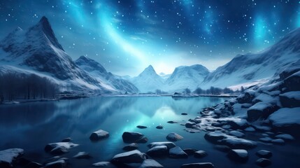 Icy blue landscape with lake and mountains. Aurora boeralis, northern light on the sky. Winter scene. 
