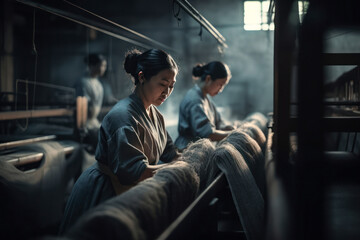 Asian women working in a textile factory in precarious conditions. created with ai.