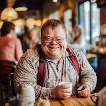 adult man with Down syndrome, in a coffee shop, disability, customer, waiter with special needs serving coffee to a customer in a coffee shop, AI generated