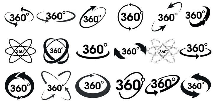 360 degree views of vector circle icons set isolated from the background. Signs with arrows to indicate the rotation or panoramas to 360 degrees. Vector illustration. 