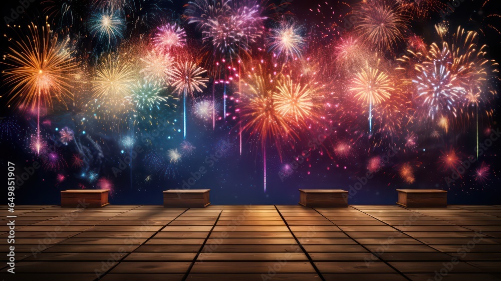 Wall mural happy new year 2024, colorful greeting car,d fire works, golden sparkle. celebration concept.