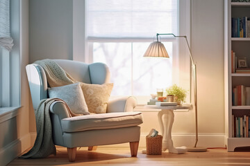 Stylish room interior with comfortable furniture for relax and books reading. Generative Ai