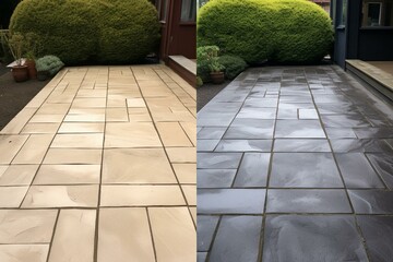 Comparison of patio paving slabs before and after pressure washing to remove dirt, showcasing a striking contrast. Generative AI
